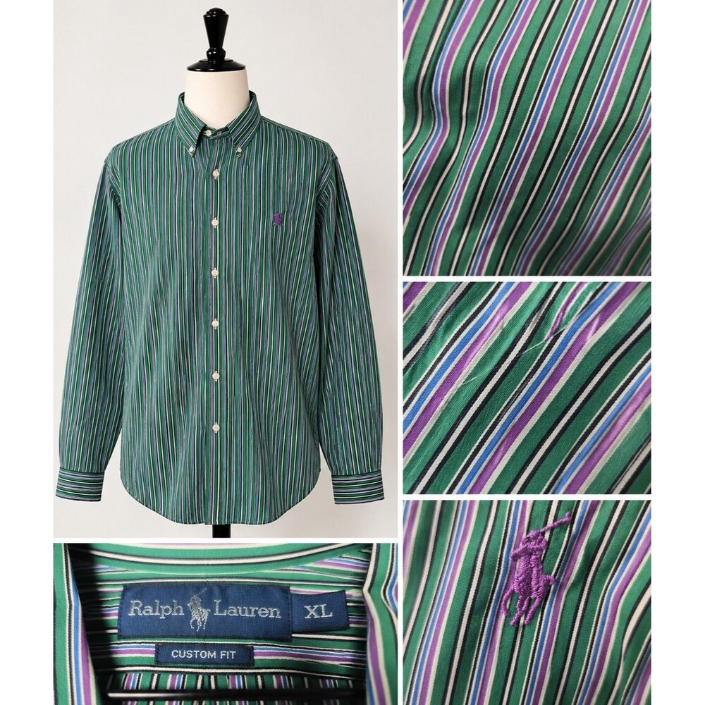 Ralph Lauren Custom Fit Shirt Men's XL Green Purple Striped Button Down Pony
